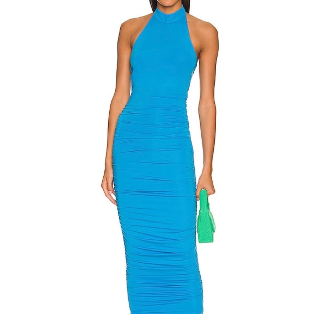 Superdown Blue Ruched Halter Midi Dress